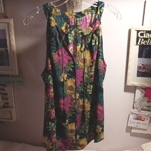 Rose & Olive ⚜️Vibrant Floral Tank Top Cut Out Sleeves L ⚜️🌺🌿🌼🌾